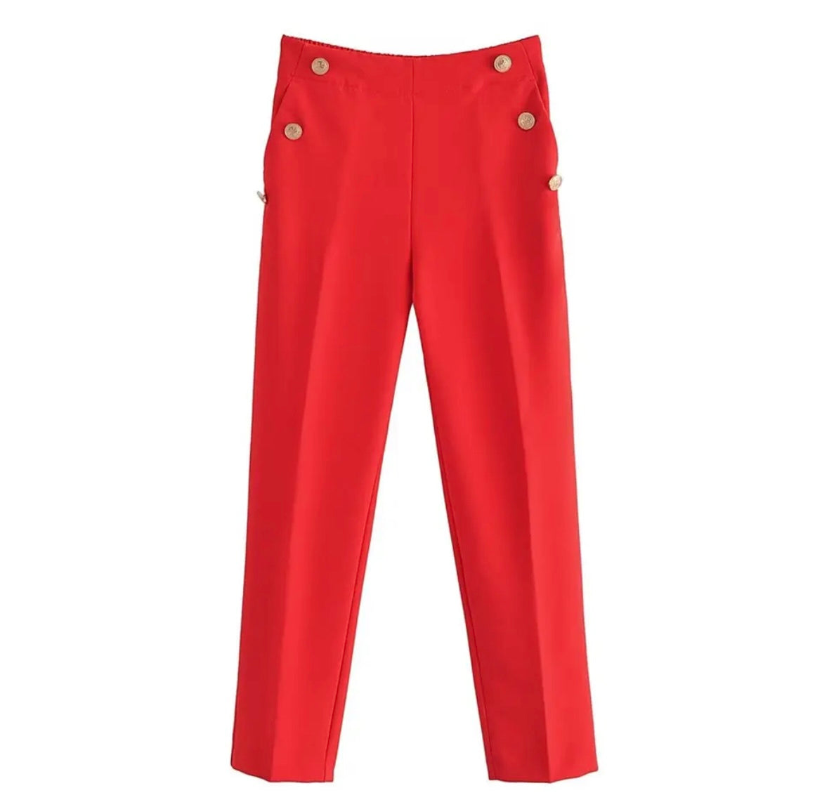 Pantalones rojos con botones dorados