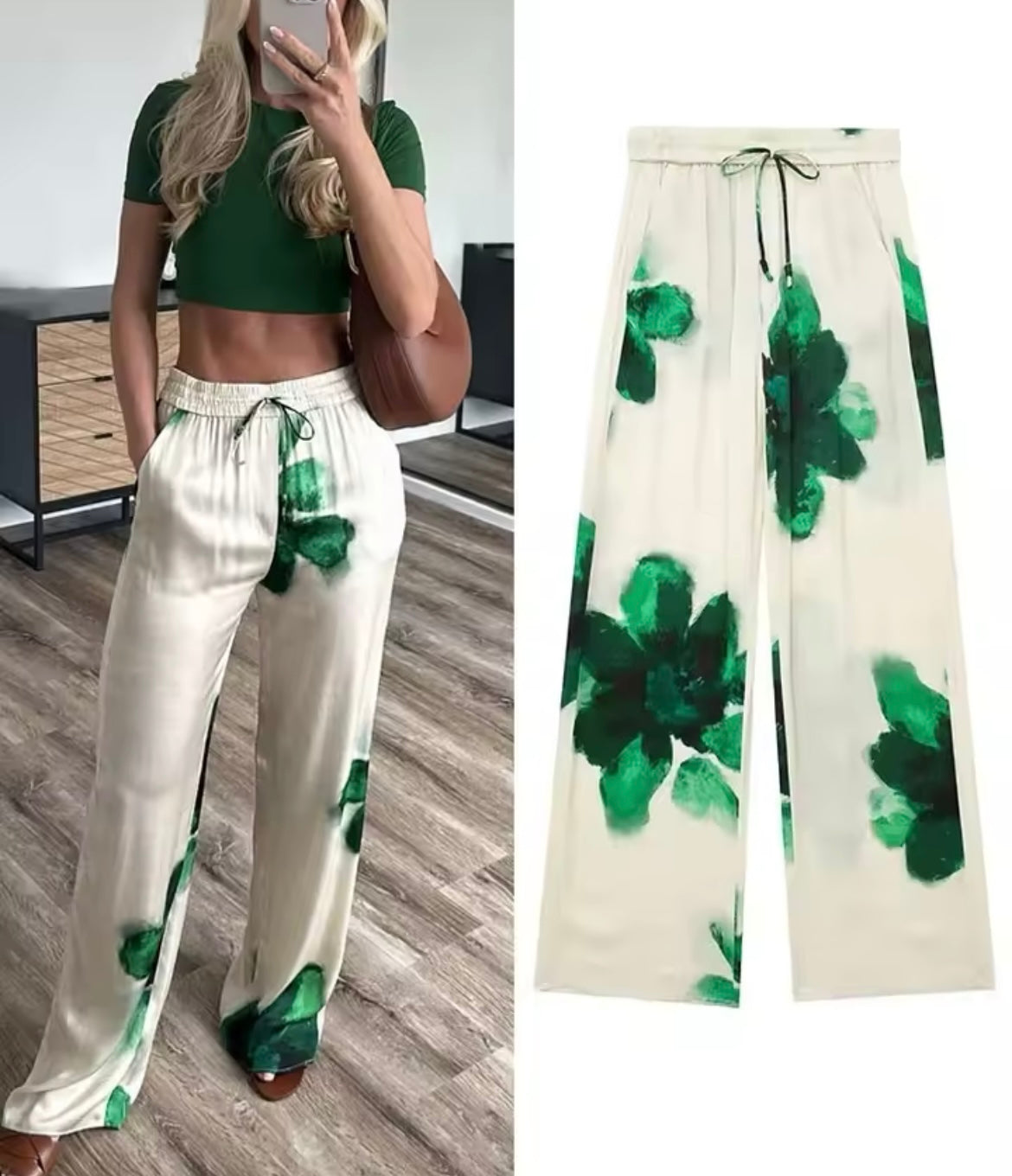 CONJUNTO DE PANTALÓN Y CAMISA SATINADO BEIGE CON FLORES VERDES