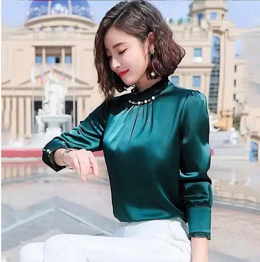 BLUSA DE SATÉN AZUL VERDE CON PERLAS EN EL CUELLO 🤩👌🤩